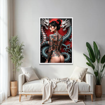 Elegant Tattooed Woman with Japanese Dragon Canvas, Floral Body Art, Asian Fantasy Wall Art, Asian Inspired Gift Art, Home Decor, Print