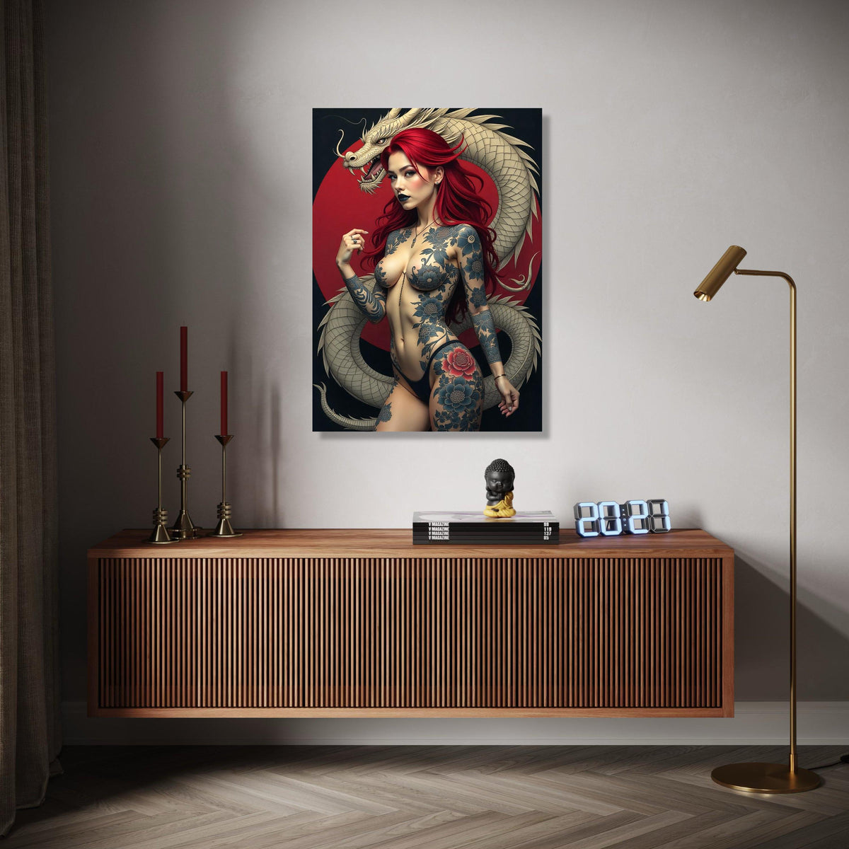 Intriguing Red-Haired Woman with Floral Tattoos and White Dragon Canvas, Bold Body Art Wall Decor, Fantasy Gift Art, Home Decor, Print