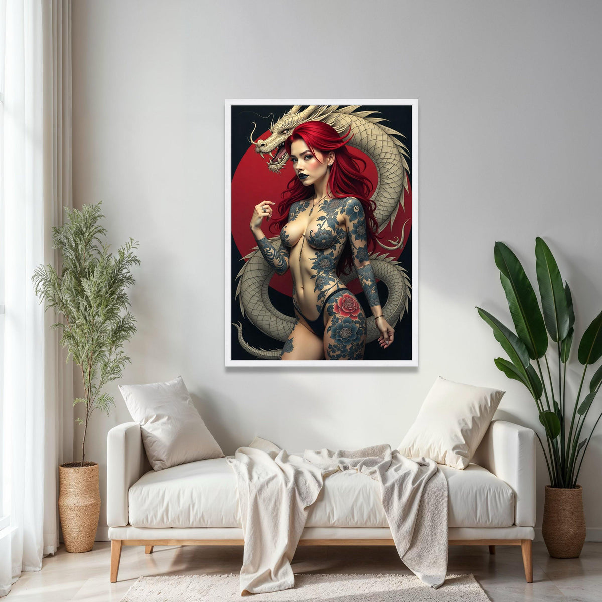 Intriguing Red-Haired Woman with Floral Tattoos and White Dragon Canvas, Bold Body Art Wall Decor, Fantasy Gift Art, Home Decor, Print