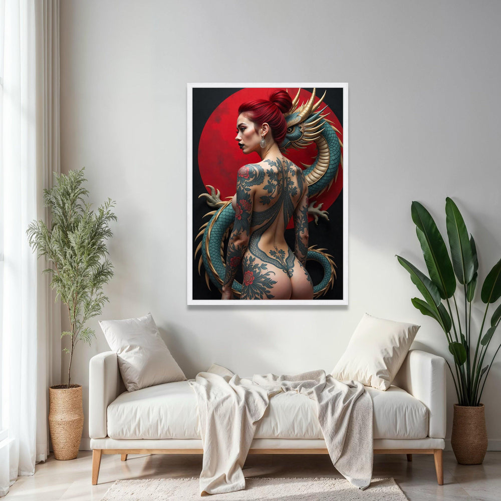 Fierce Red Haired Woman with Dragon Tattoo, Asian Mythology Canvas Art, Bold Body Ink Design, Fantasy Wall Gift Art, Home Decor, Print