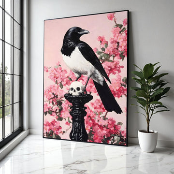 Black and White Magpie on Skull Canvas, Gothic Wall Art, Dark Nature Decor, Floral Pink Cherry Blossom Gift Art, Home Decor, Print