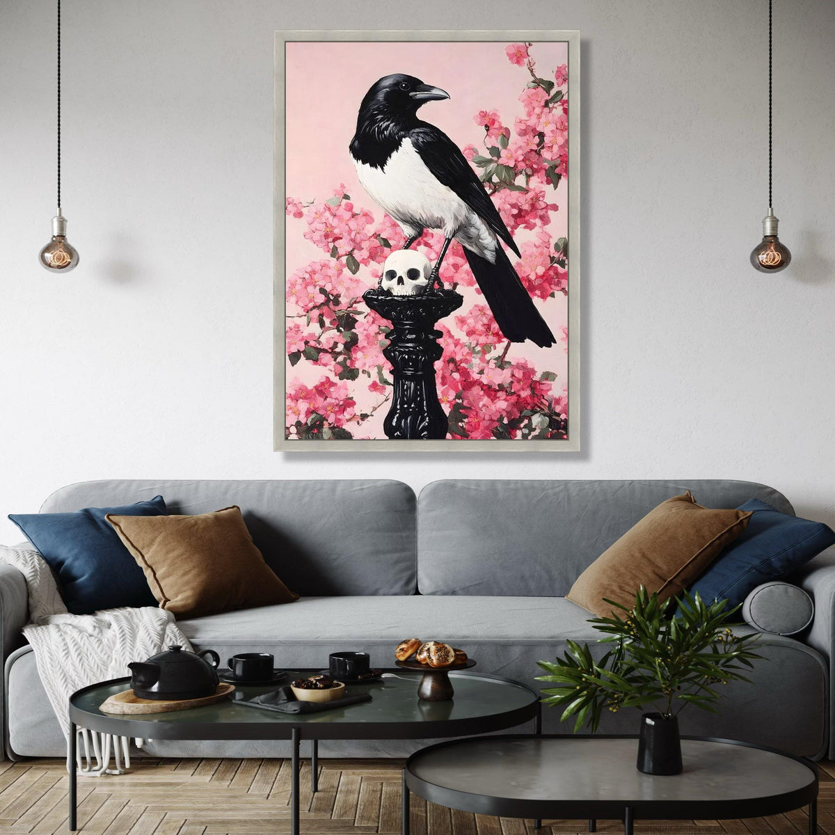 Black and White Magpie on Skull Canvas, Gothic Wall Art, Dark Nature Decor, Floral Pink Cherry Blossom Gift Art, Home Decor, Print