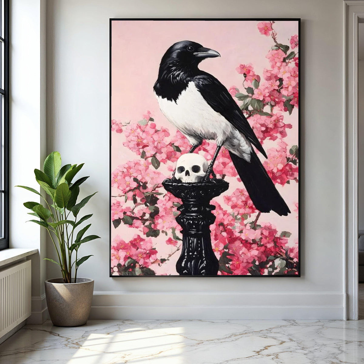 Black and White Magpie on Skull Canvas, Gothic Wall Art, Dark Nature Decor, Floral Pink Cherry Blossom Gift Art, Home Decor, Print