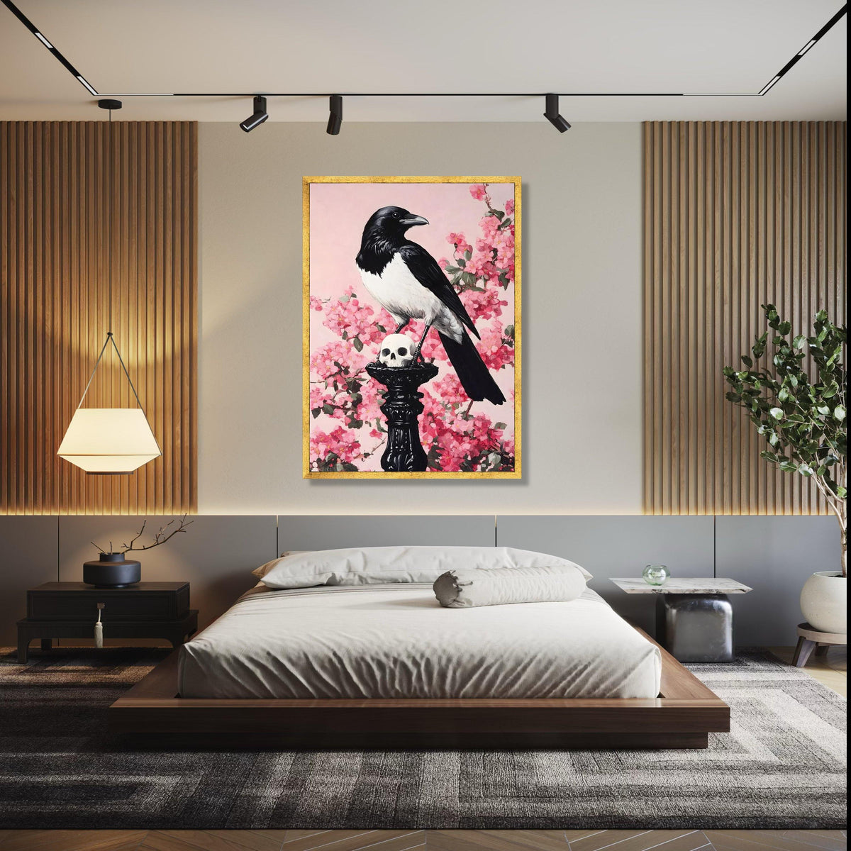 Black and White Magpie on Skull Canvas, Gothic Wall Art, Dark Nature Decor, Floral Pink Cherry Blossom Gift Art, Home Decor, Print