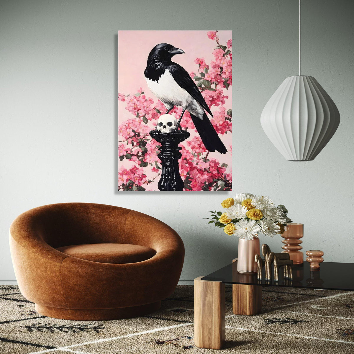 Black and White Magpie on Skull Canvas, Gothic Wall Art, Dark Nature Decor, Floral Pink Cherry Blossom Gift Art, Home Decor, Print