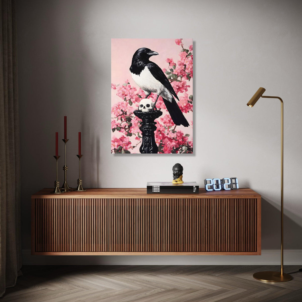Black and White Magpie on Skull Canvas, Gothic Wall Art, Dark Nature Decor, Floral Pink Cherry Blossom Gift Art, Home Decor, Print