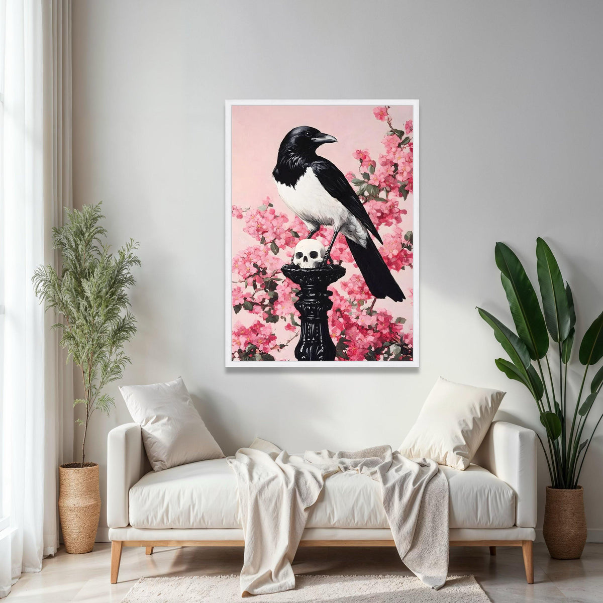 Black and White Magpie on Skull Canvas, Gothic Wall Art, Dark Nature Decor, Floral Pink Cherry Blossom Gift Art, Home Decor, Print