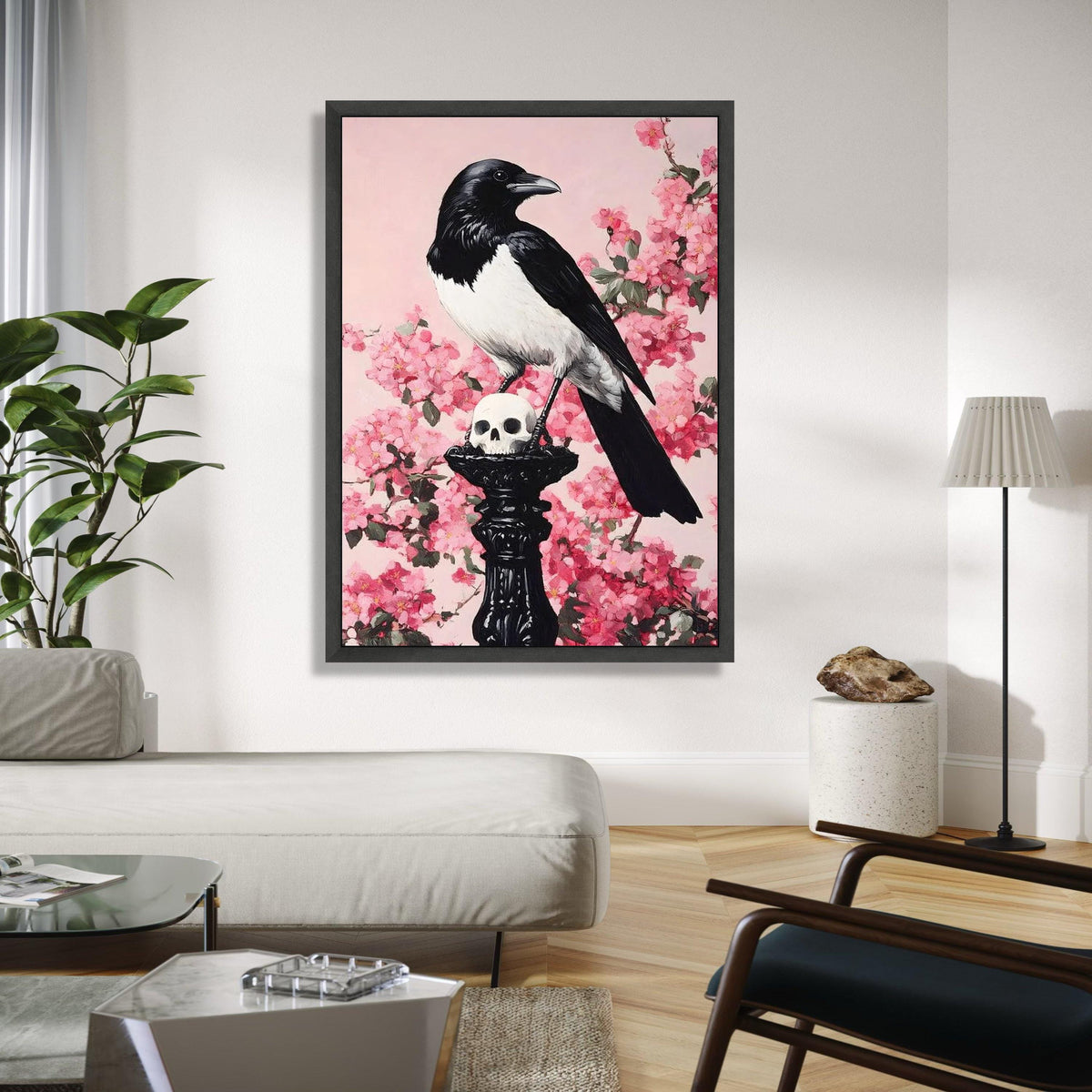 Black and White Magpie on Skull Canvas, Gothic Wall Art, Dark Nature Decor, Floral Pink Cherry Blossom Gift Art, Home Decor, Print