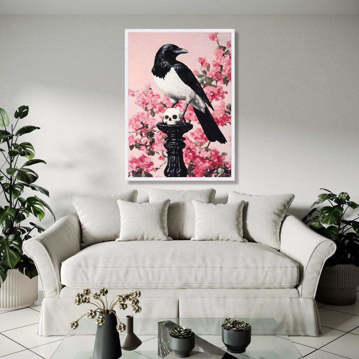 Black and White Magpie on Skull Canvas, Gothic Wall Art, Dark Nature Decor, Floral Pink Cherry Blossom Gift Art, Home Decor, Print