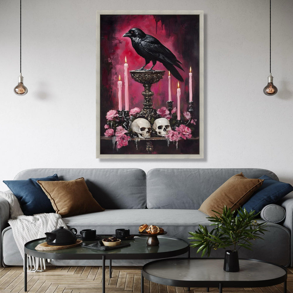Gothic Raven Canvas Wall Art, Dark Skull and Candle Decor, Moody Floral Still Life, Halloween Theme Canvas, Gift Art, Home Decor, Print