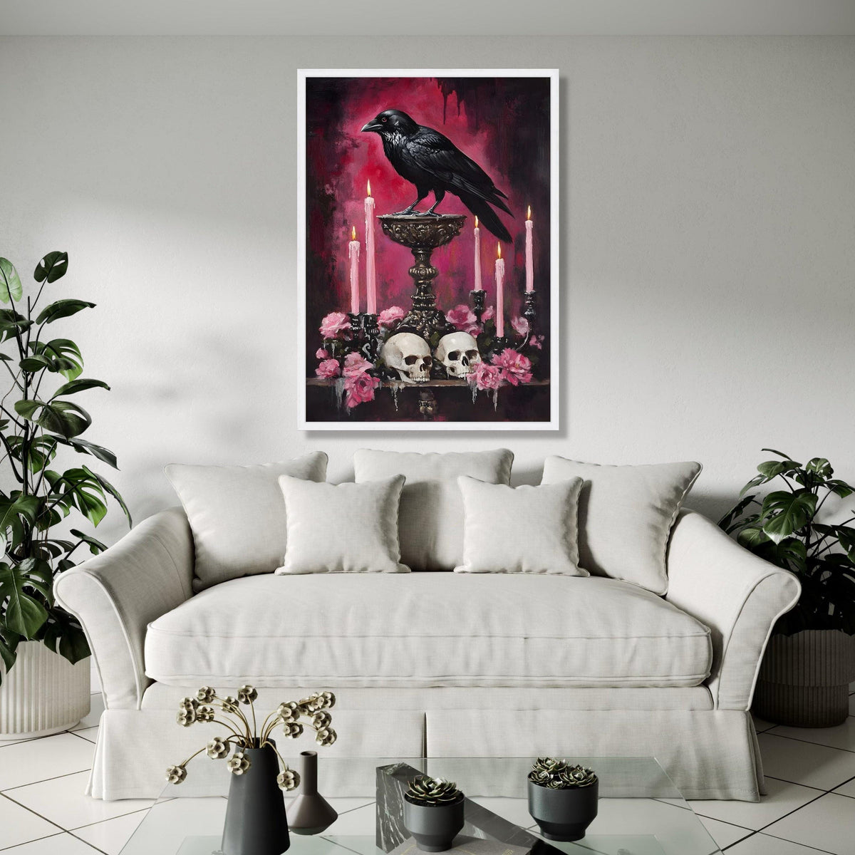 Gothic Raven Canvas Wall Art, Dark Skull and Candle Decor, Moody Floral Still Life, Halloween Theme Canvas, Gift Art, Home Decor, Print