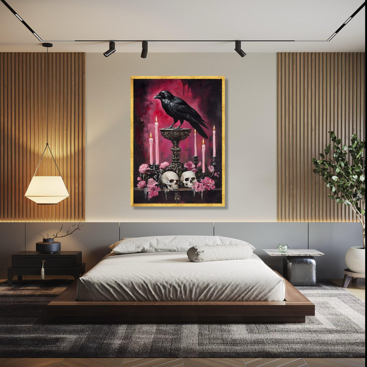 Gothic Raven Canvas Wall Art, Dark Skull and Candle Decor, Moody Floral Still Life, Halloween Theme Canvas, Gift Art, Home Decor, Print