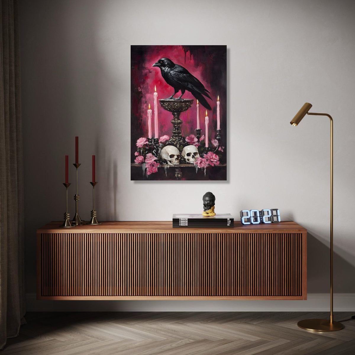 Gothic Raven Canvas Wall Art, Dark Skull and Candle Decor, Moody Floral Still Life, Halloween Theme Canvas, Gift Art, Home Decor, Print