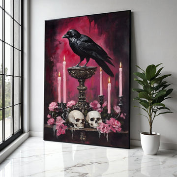 Gothic Raven Canvas Wall Art, Dark Skull and Candle Decor, Moody Floral Still Life, Halloween Theme Canvas, Gift Art, Home Decor, Print