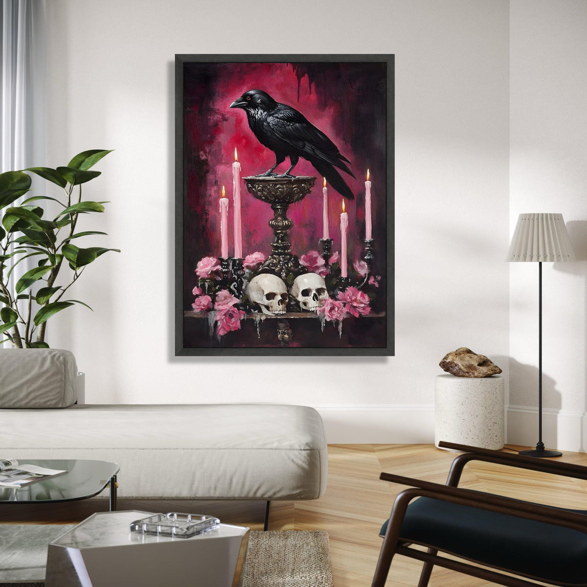 Gothic Raven Canvas Wall Art, Dark Skull and Candle Decor, Moody Floral Still Life, Halloween Theme Canvas, Gift Art, Home Decor, Print