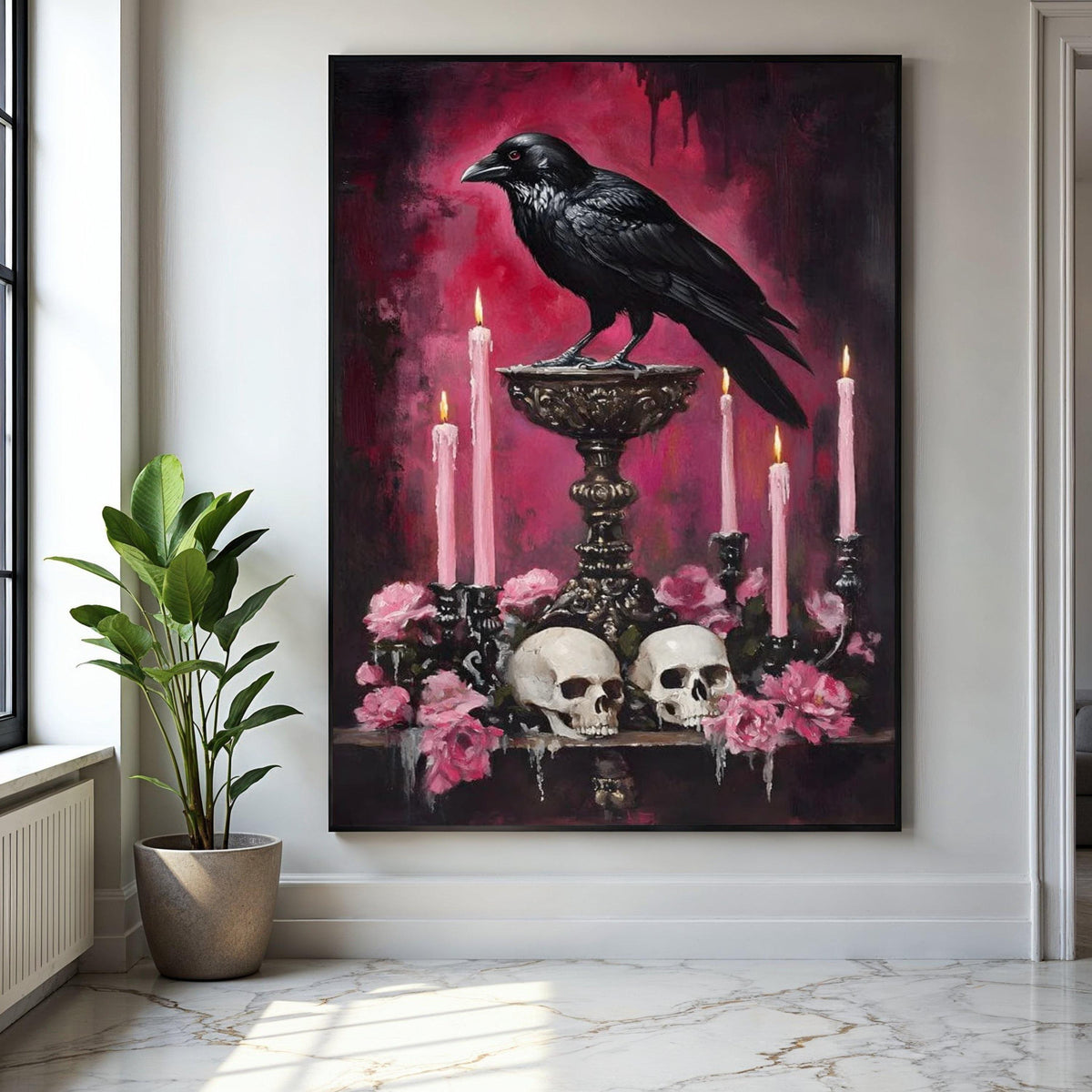 Gothic Raven Canvas Wall Art, Dark Skull and Candle Decor, Moody Floral Still Life, Halloween Theme Canvas, Gift Art, Home Decor, Print