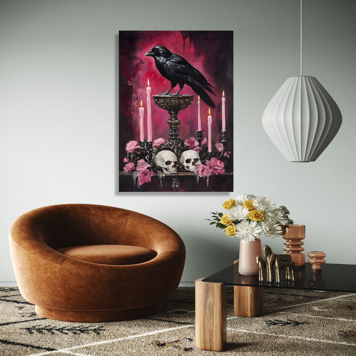 Gothic Raven Canvas Wall Art, Dark Skull and Candle Decor, Moody Floral Still Life, Halloween Theme Canvas, Gift Art, Home Decor, Print