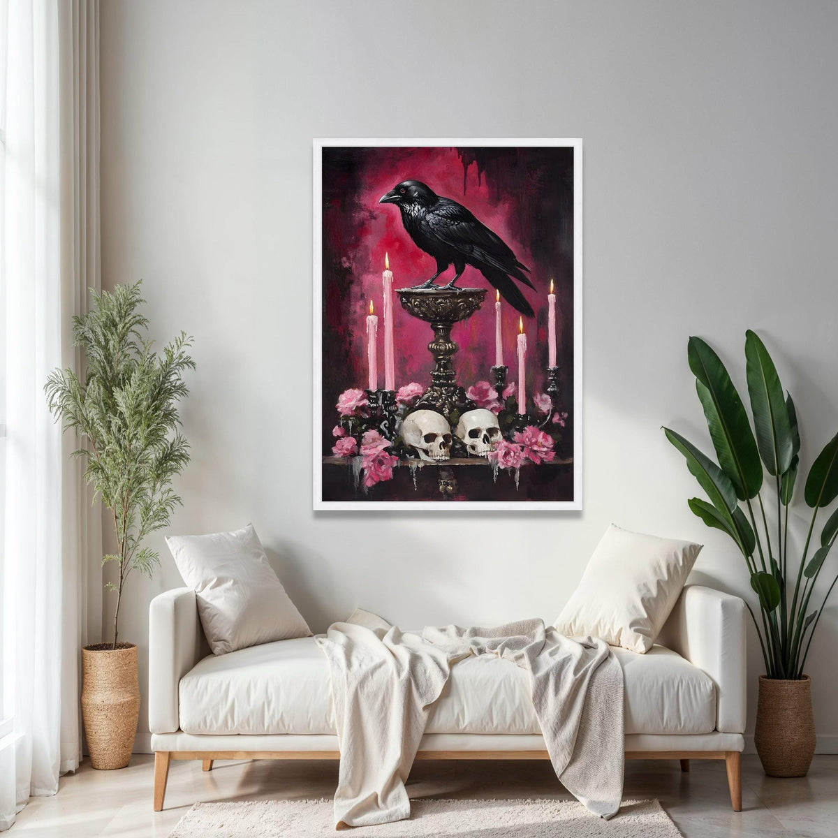 Gothic Raven Canvas Wall Art, Dark Skull and Candle Decor, Moody Floral Still Life, Halloween Theme Canvas, Gift Art, Home Decor, Print