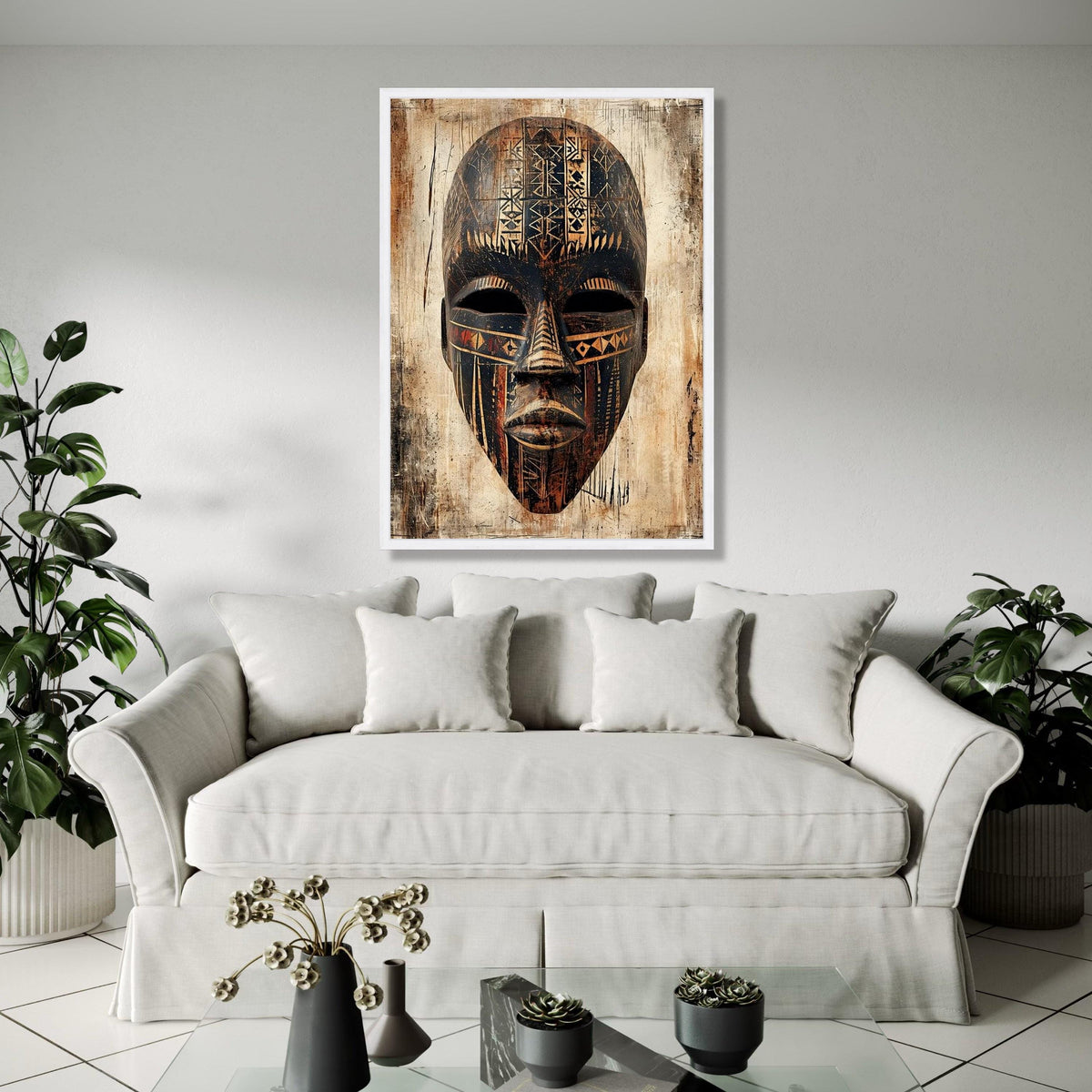 Tribal African Mask Canvas Wall Art, Ethnic Face Decor, Abstract Cultural Artwork, Rustic Tribal Pattern Canvas, Gift Art, Home Decor, Print