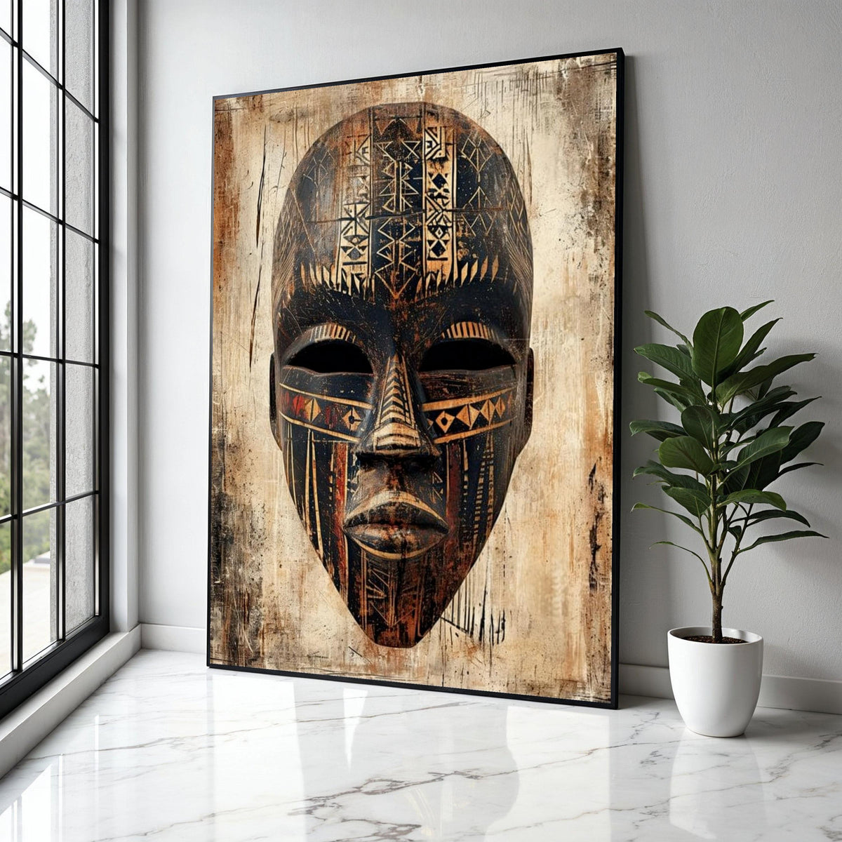 Tribal African Mask Canvas Wall Art, Ethnic Face Decor, Abstract Cultural Artwork, Rustic Tribal Pattern Canvas, Gift Art, Home Decor, Print