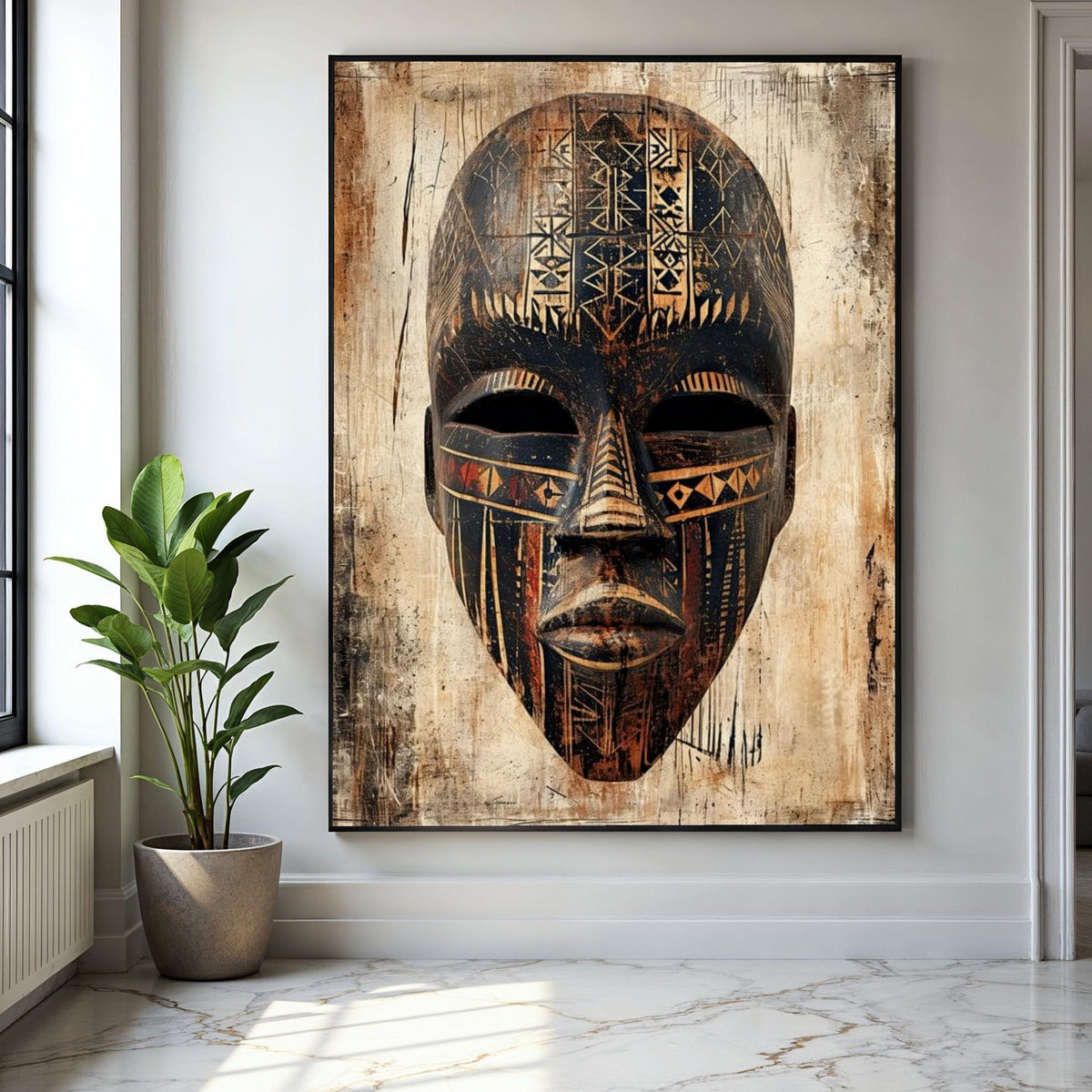 Tribal African Mask Canvas Wall Art, Ethnic Face Decor, Abstract Cultural Artwork, Rustic Tribal Pattern Canvas, Gift Art, Home Decor, Print