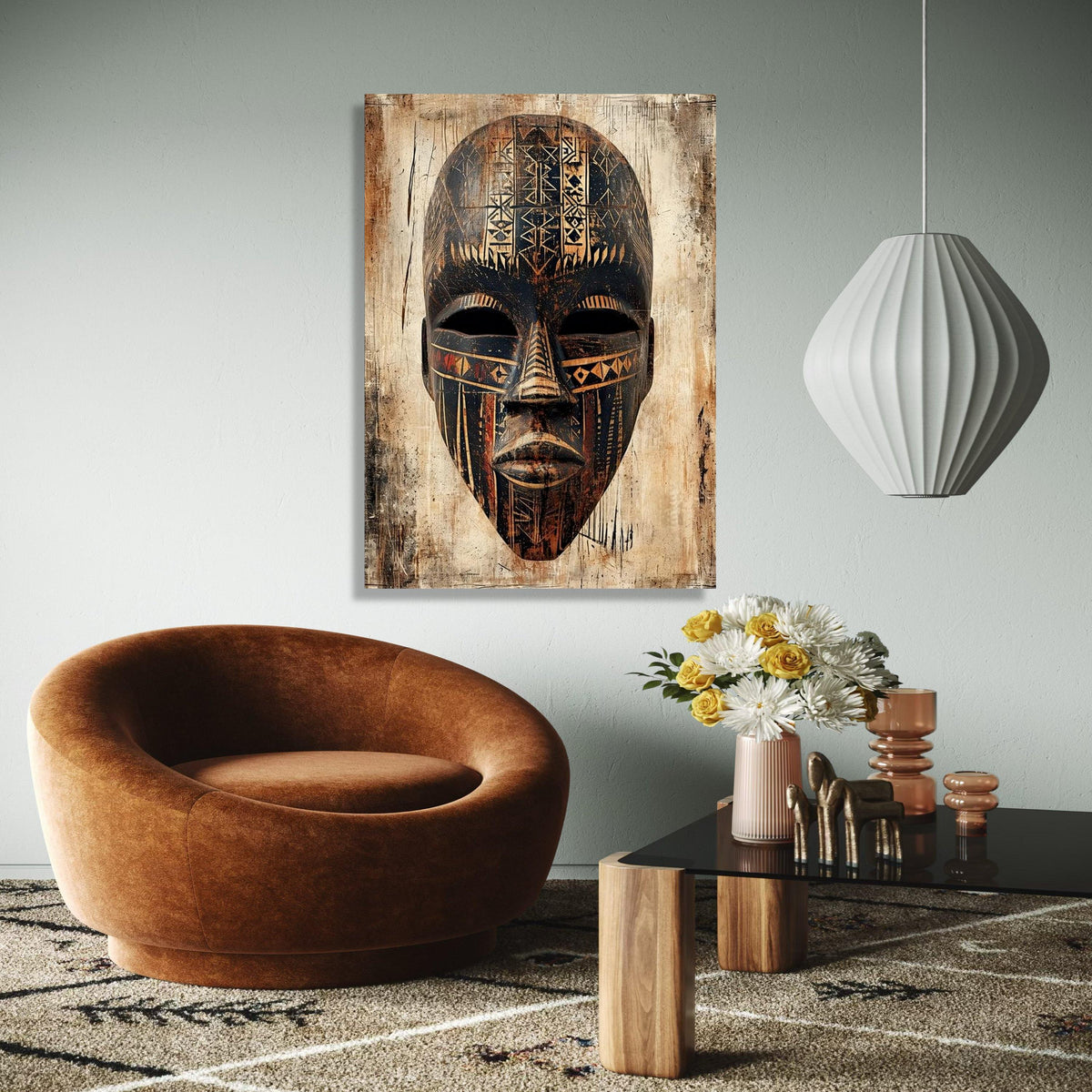 Tribal African Mask Canvas Wall Art, Ethnic Face Decor, Abstract Cultural Artwork, Rustic Tribal Pattern Canvas, Gift Art, Home Decor, Print