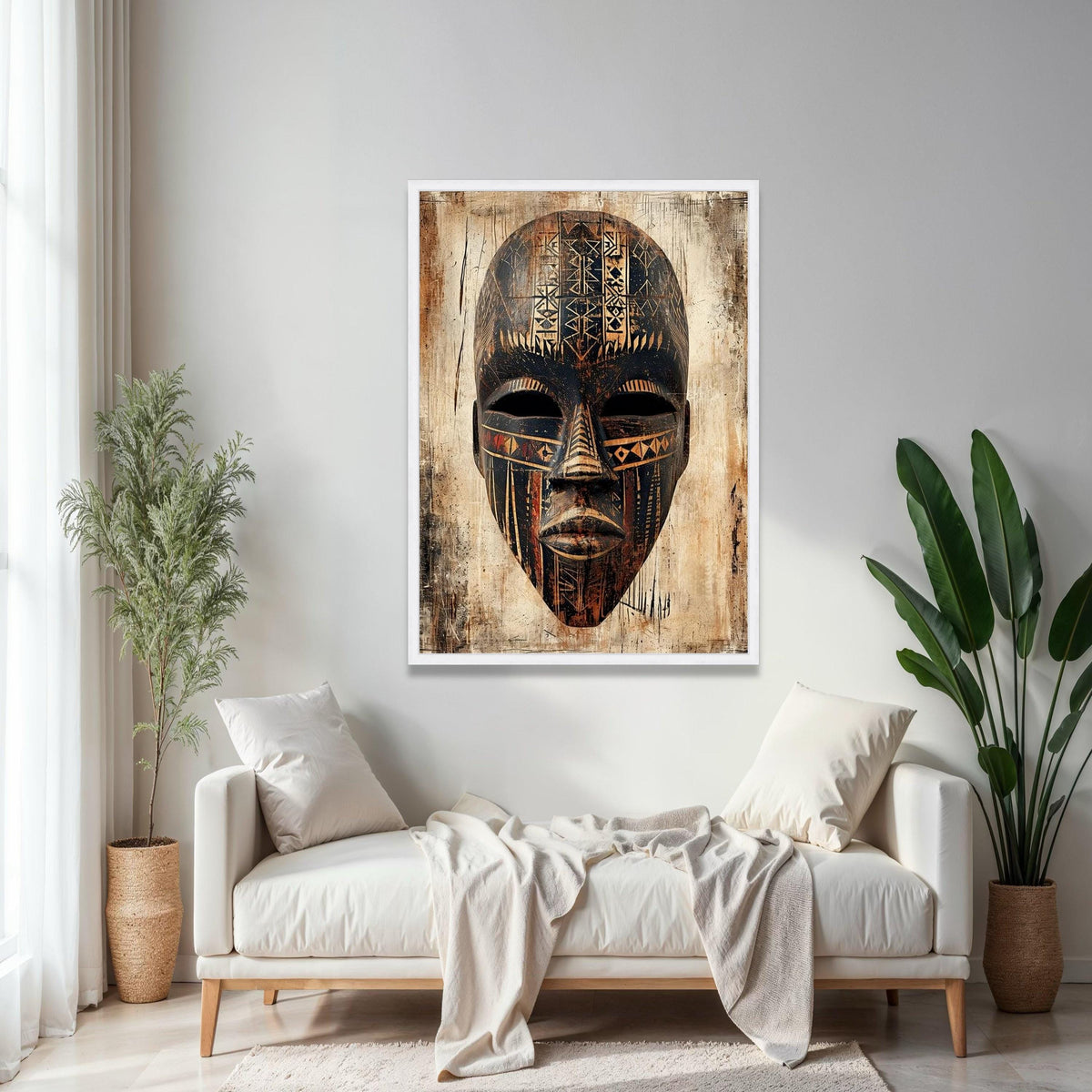 Tribal African Mask Canvas Wall Art, Ethnic Face Decor, Abstract Cultural Artwork, Rustic Tribal Pattern Canvas, Gift Art, Home Decor, Print