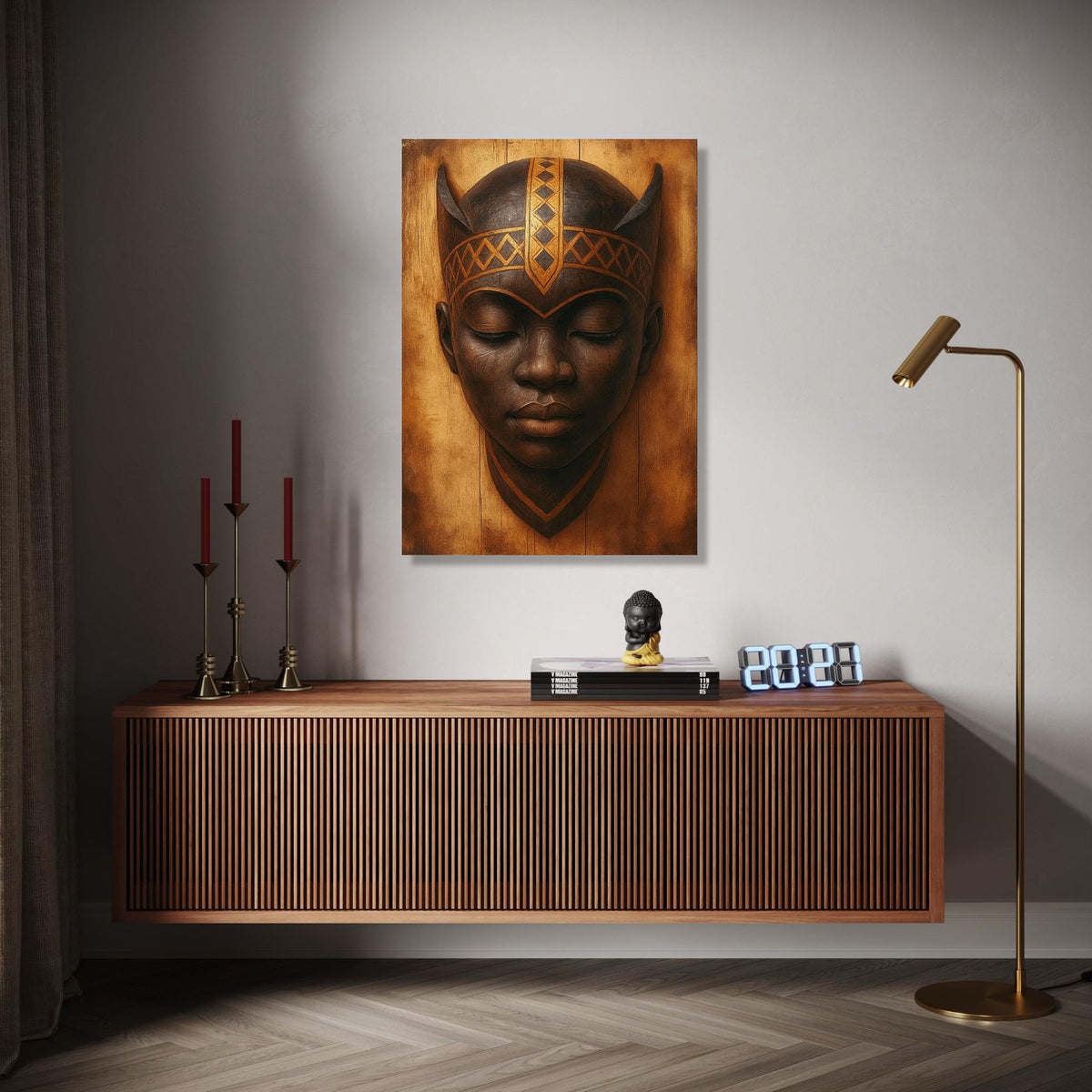 Tribal African Warrior Mask Canvas, Ethnic Wall Art, Cultural Home Decor, Handcrafted Mask Portrait, Rustic Gift Art, Home Decor, Print