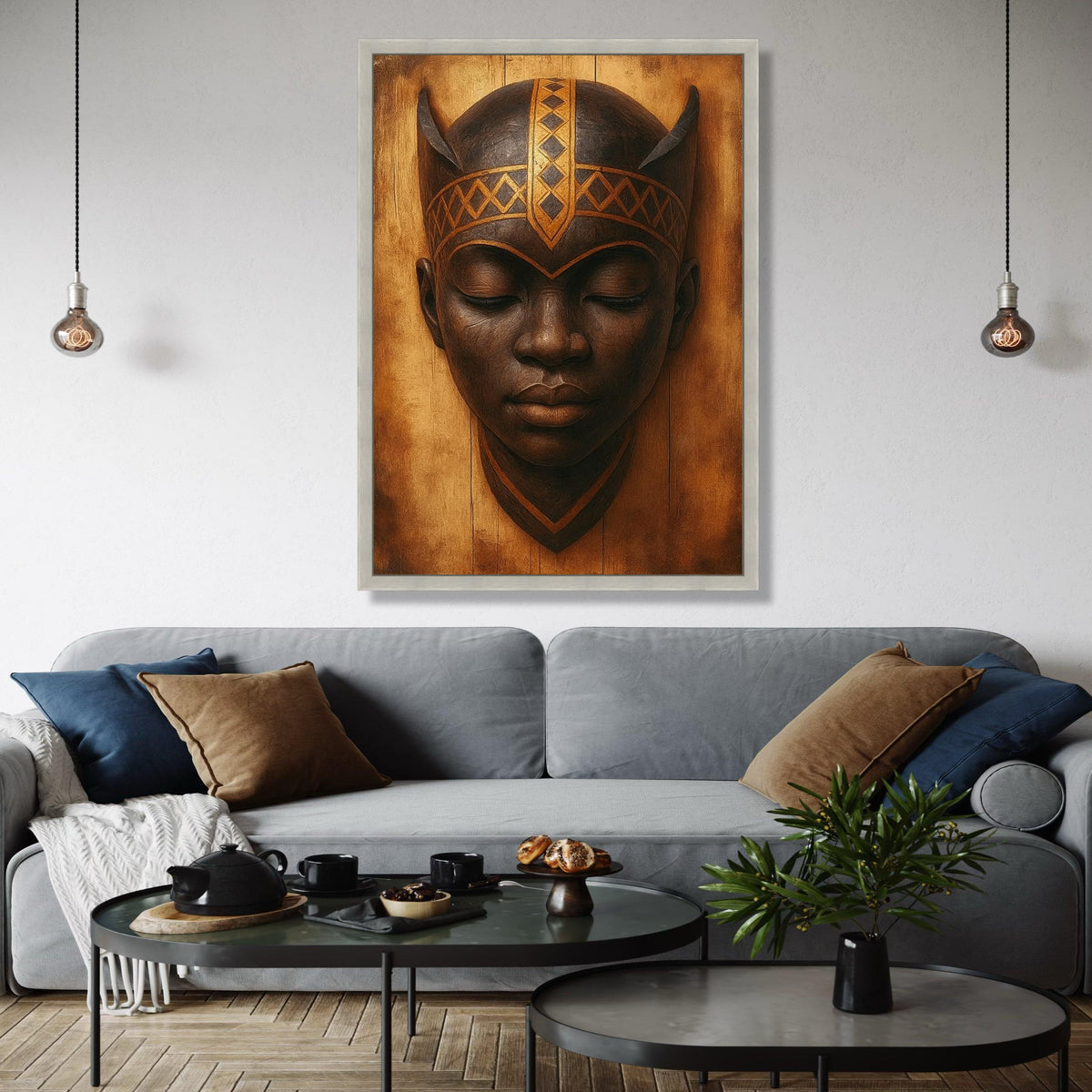 Tribal African Warrior Mask Canvas, Ethnic Wall Art, Cultural Home Decor, Handcrafted Mask Portrait, Rustic Gift Art, Home Decor, Print