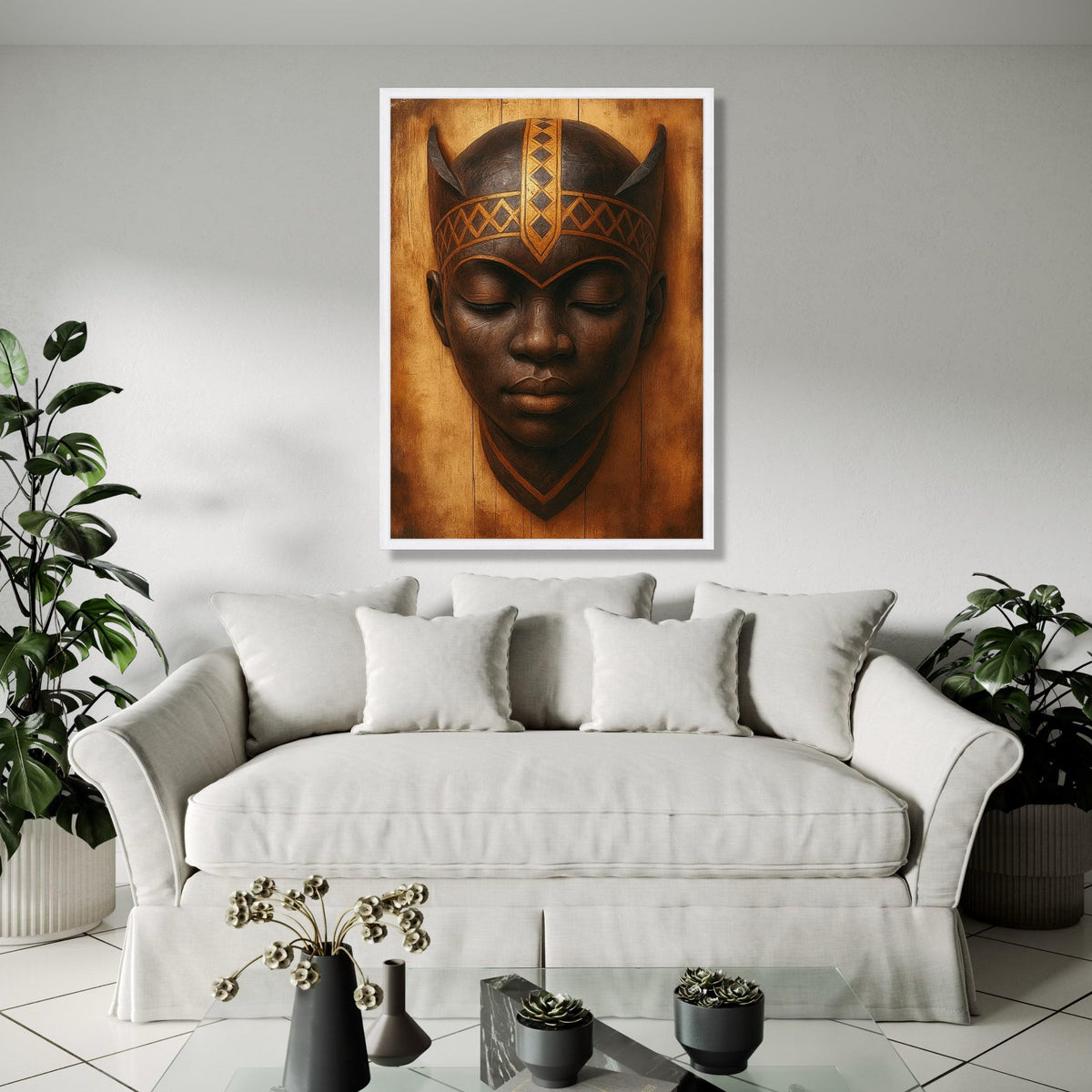 Tribal African Warrior Mask Canvas, Ethnic Wall Art, Cultural Home Decor, Handcrafted Mask Portrait, Rustic Gift Art, Home Decor, Print