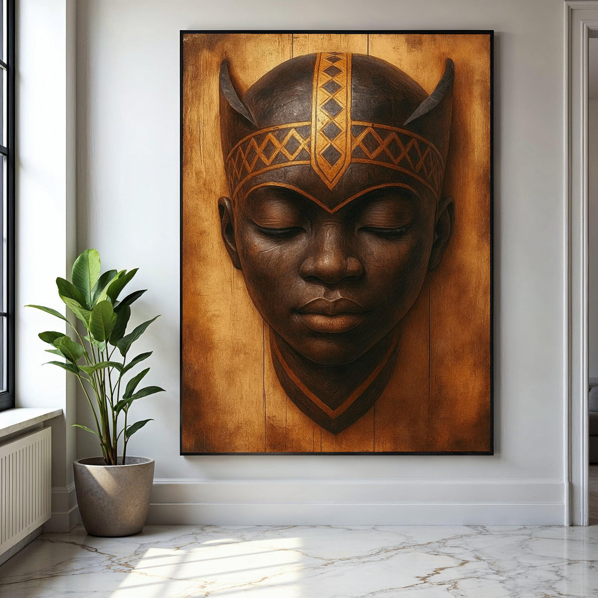 Tribal African Warrior Mask Canvas, Ethnic Wall Art, Cultural Home Decor, Handcrafted Mask Portrait, Rustic Gift Art, Home Decor, Print