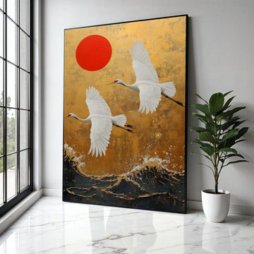 Elegant White Cranes Flying Canvas, Japanese Style Wall Art, Red Sun and Gold Background, Asian Nature Landscape Gift Art, Home Decor, Print