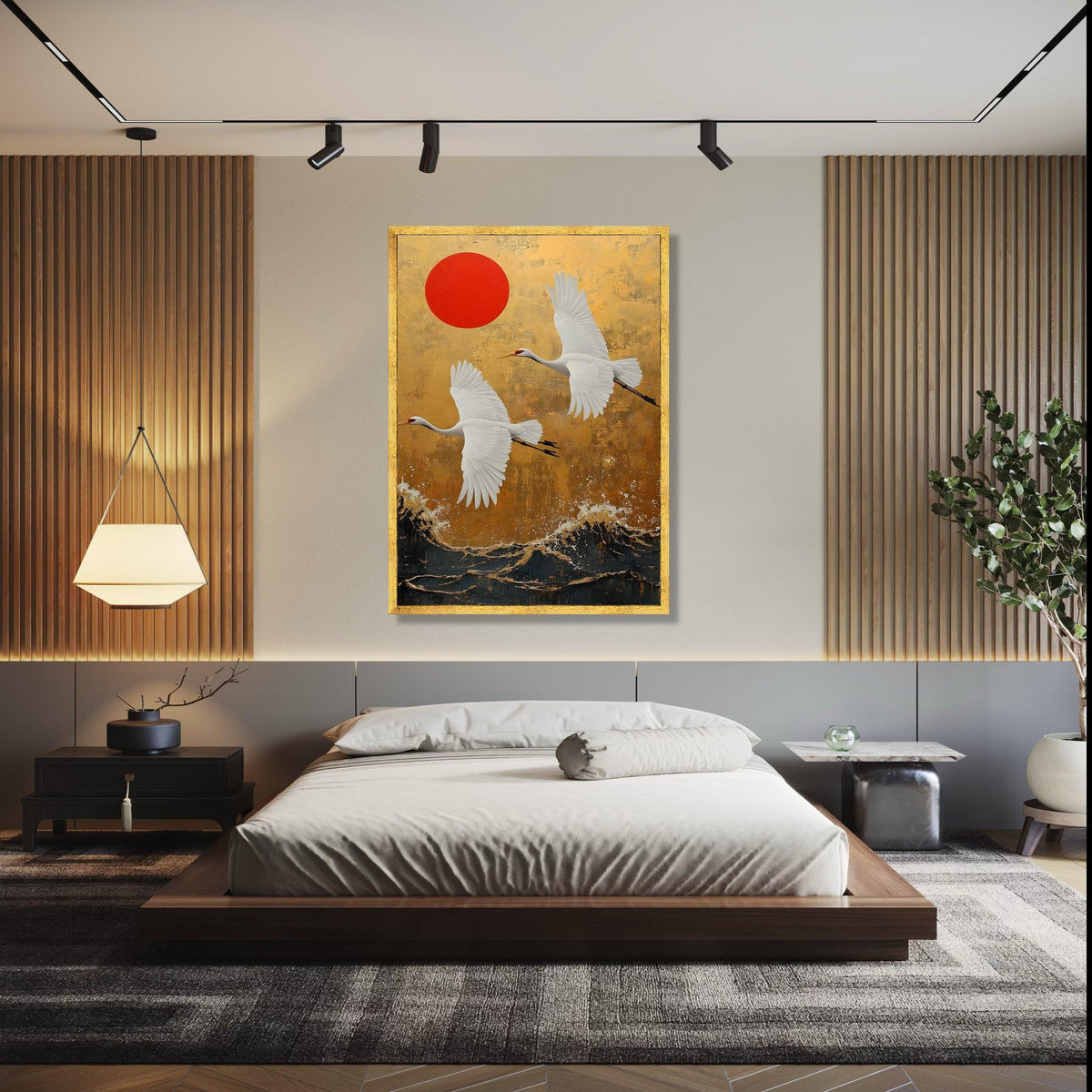 Elegant White Cranes Flying Canvas, Japanese Style Wall Art, Red Sun and Gold Background, Asian Nature Landscape Gift Art, Home Decor, Print