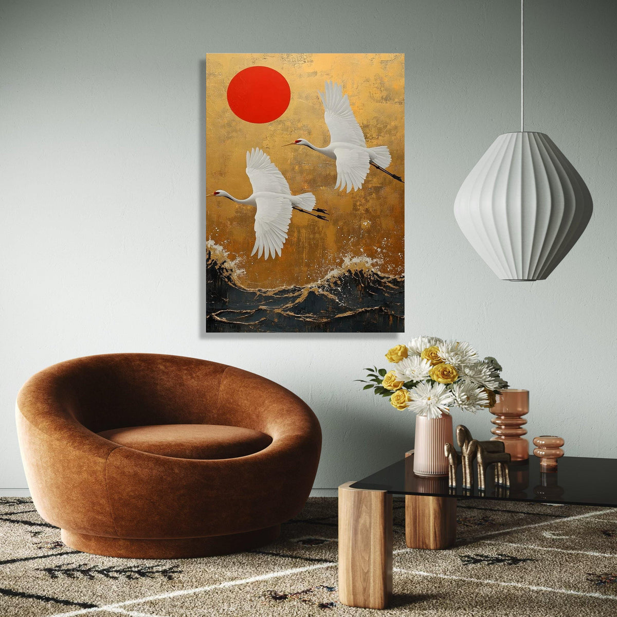 Elegant White Cranes Flying Canvas, Japanese Style Wall Art, Red Sun and Gold Background, Asian Nature Landscape Gift Art, Home Decor, Print