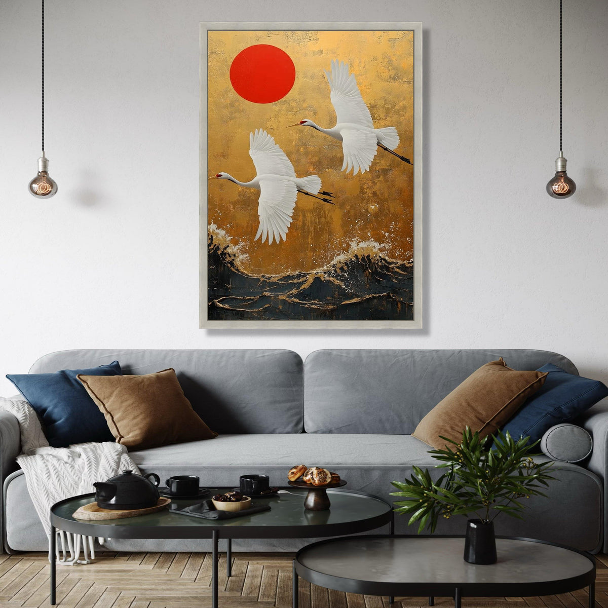 Elegant White Cranes Flying Canvas, Japanese Style Wall Art, Red Sun and Gold Background, Asian Nature Landscape Gift Art, Home Decor, Print