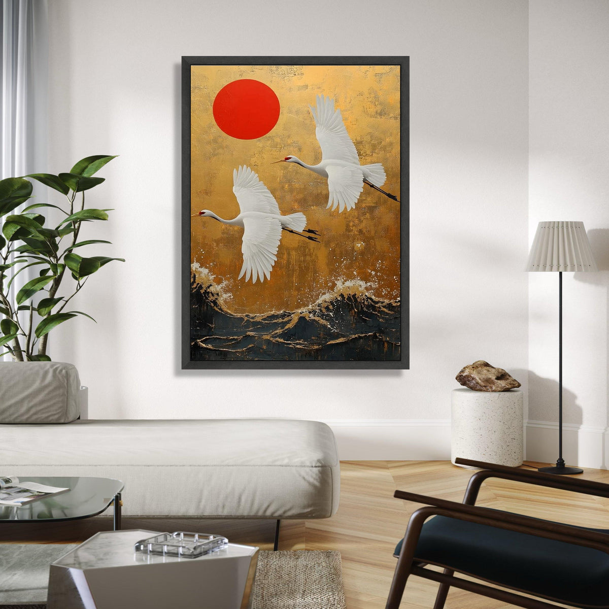 Elegant White Cranes Flying Canvas, Japanese Style Wall Art, Red Sun and Gold Background, Asian Nature Landscape Gift Art, Home Decor, Print