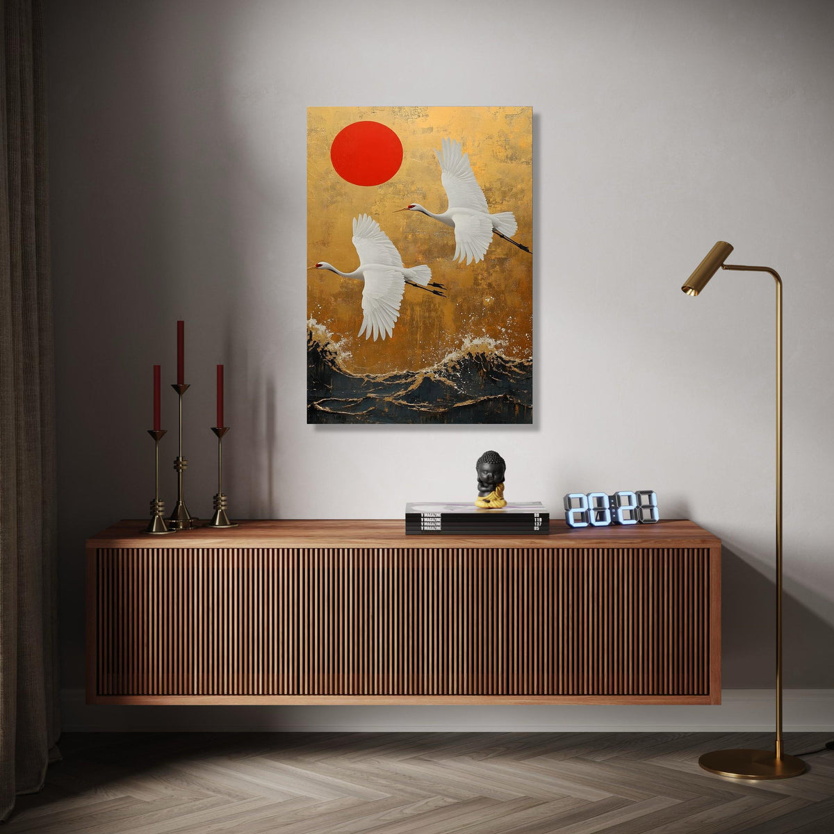 Elegant White Cranes Flying Canvas, Japanese Style Wall Art, Red Sun and Gold Background, Asian Nature Landscape Gift Art, Home Decor, Print