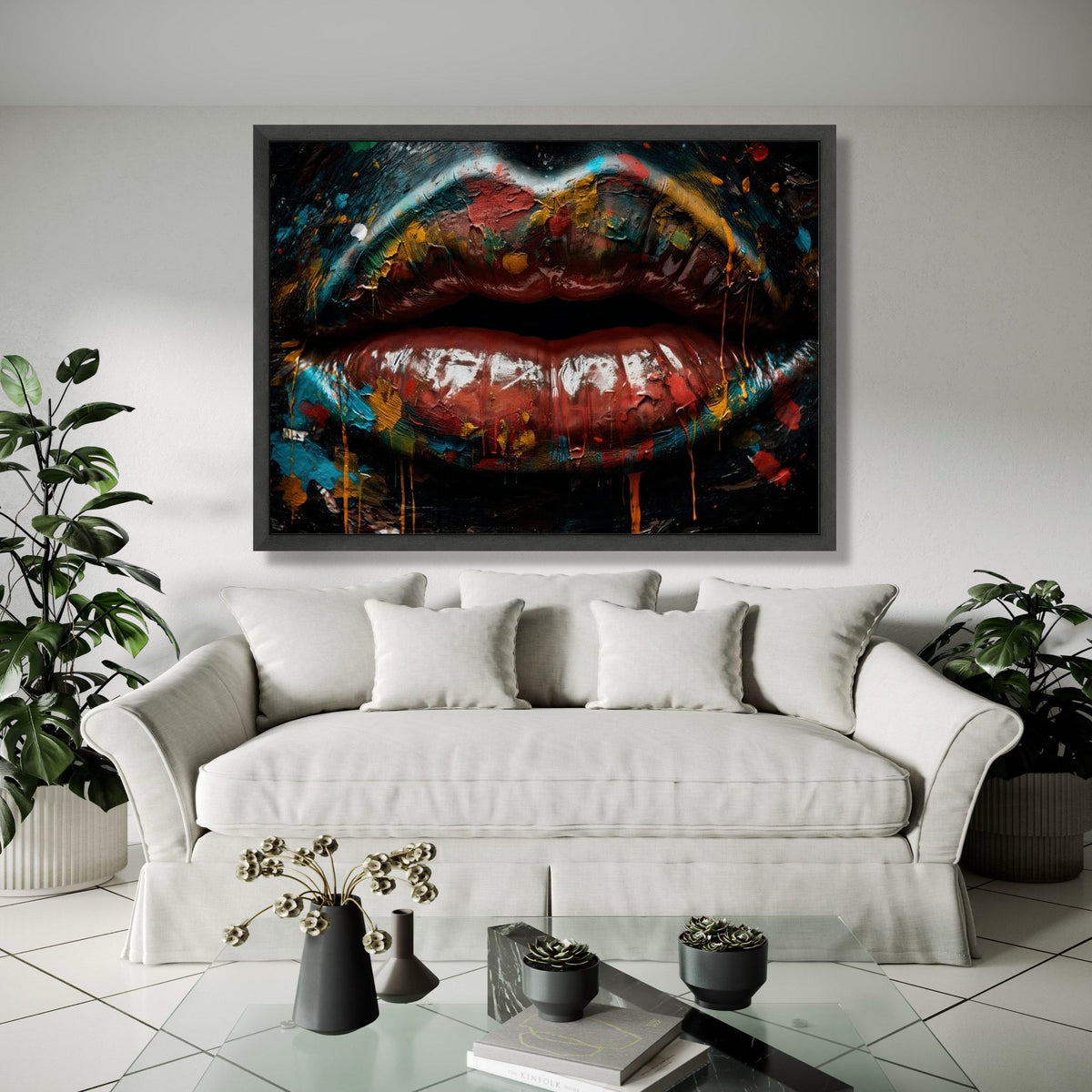 Abstract Painted Lips Canvas Wall Art, Colorful Drip Effect, Modern Face Close-Up, Bold Makeup Art Print, Gift Art, Home Decor, Print