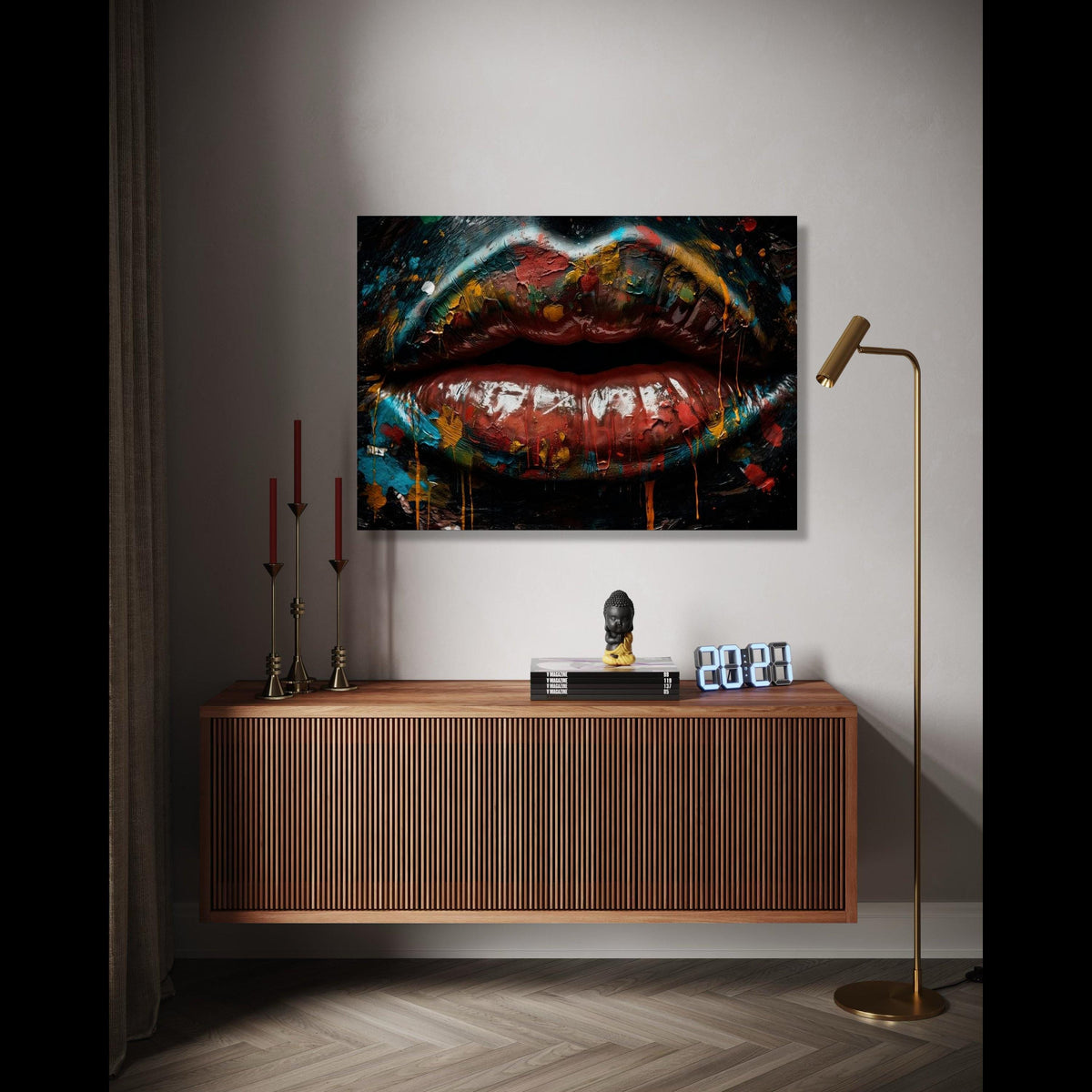 Abstract Painted Lips Canvas Wall Art, Colorful Drip Effect, Modern Face Close-Up, Bold Makeup Art Print, Gift Art, Home Decor, Print