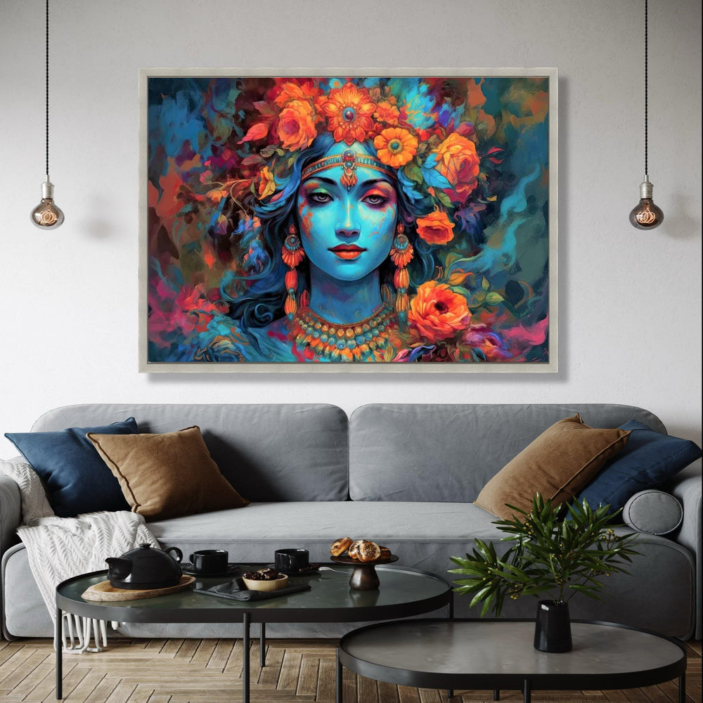 Mystical Blue Goddess Canvas Wall Art, Vibrant Floral Headpiece, Ethereal Portrait Painting, Spiritual Home Gift Art, Home Decor, Print