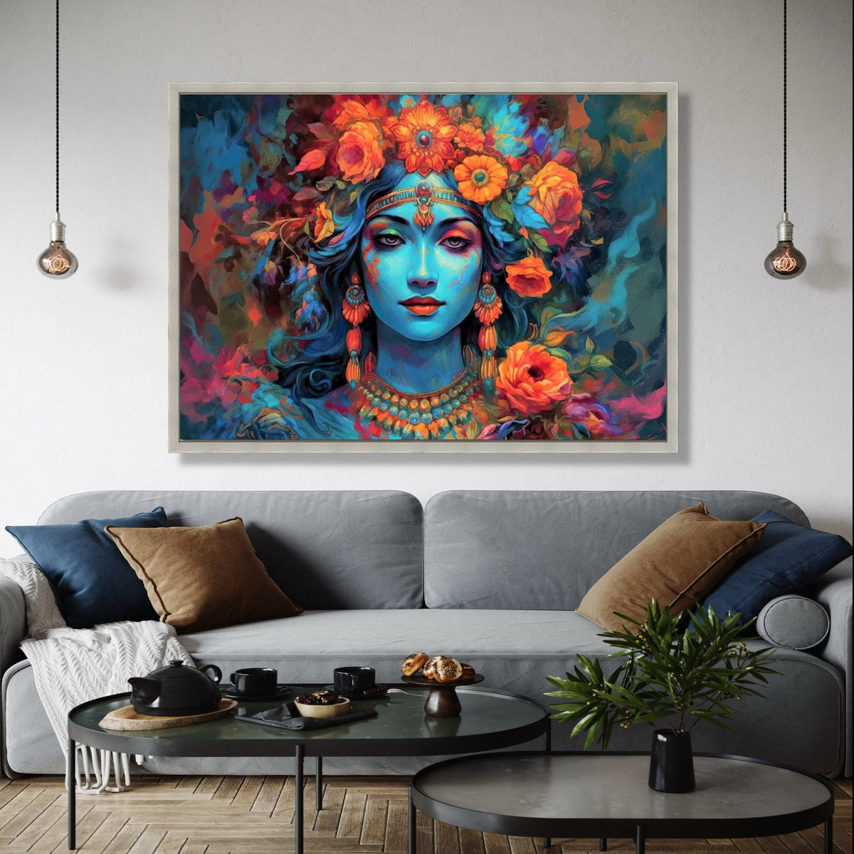 Mystical Blue Goddess Canvas Wall Art, Vibrant Floral Headpiece, Ethereal Portrait Painting, Spiritual Home Gift Art, Home Decor, Print