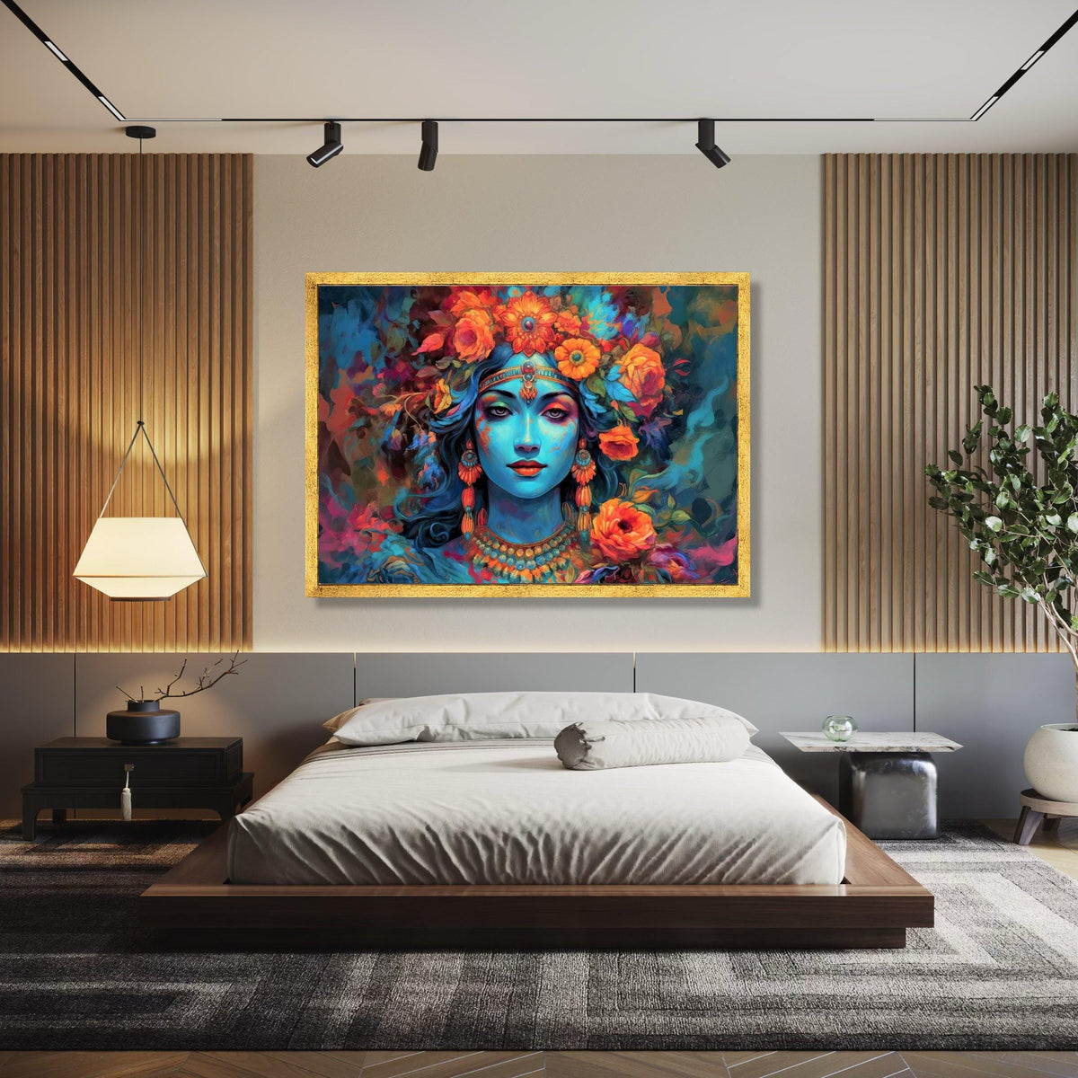 Mystical Blue Goddess Canvas Wall Art, Vibrant Floral Headpiece, Ethereal Portrait Painting, Spiritual Home Gift Art, Home Decor, Print