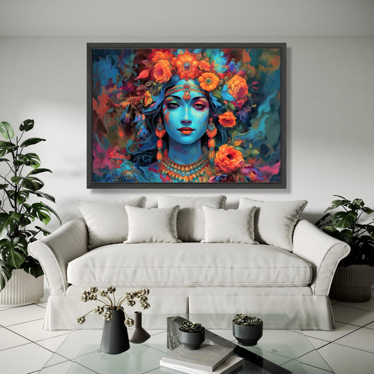 Mystical Blue Goddess Canvas Wall Art, Vibrant Floral Headpiece, Ethereal Portrait Painting, Spiritual Home Gift Art, Home Decor, Print