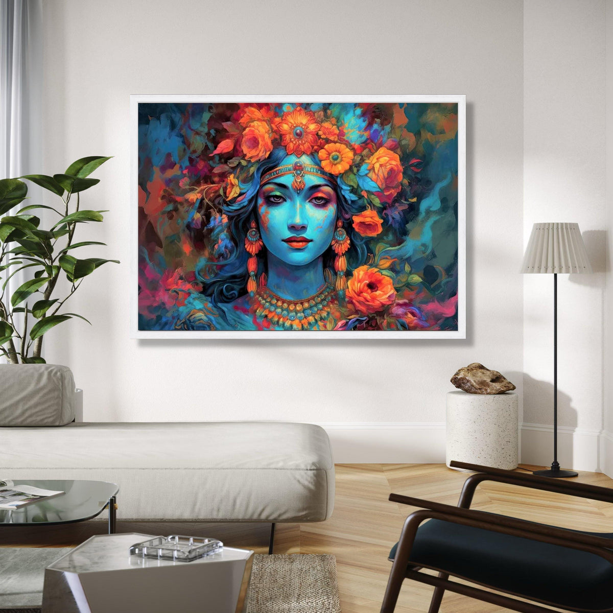 Mystical Blue Goddess Canvas Wall Art, Vibrant Floral Headpiece, Ethereal Portrait Painting, Spiritual Home Gift Art, Home Decor, Print