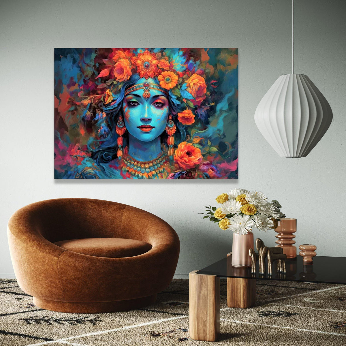 Mystical Blue Goddess Canvas Wall Art, Vibrant Floral Headpiece, Ethereal Portrait Painting, Spiritual Home Gift Art, Home Decor, Print