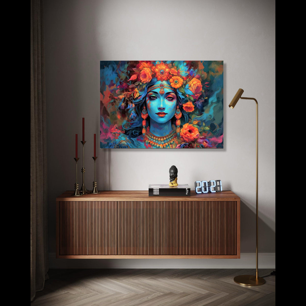 Mystical Blue Goddess Canvas Wall Art, Vibrant Floral Headpiece, Ethereal Portrait Painting, Spiritual Home Gift Art, Home Decor, Print