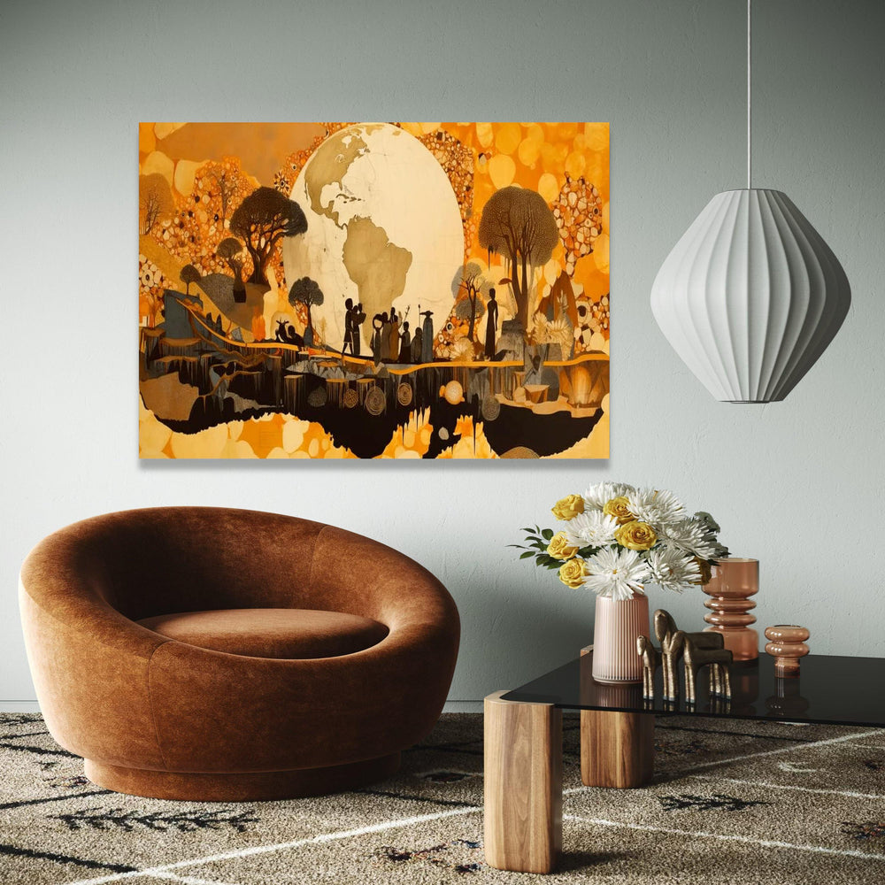 African Tribal Silhouettes Canvas, Earth Globe Wall Art, Ethnic Landscape Canvas, Cultural Heritage Decor, Warm Gift Art, Home Decor, Print
