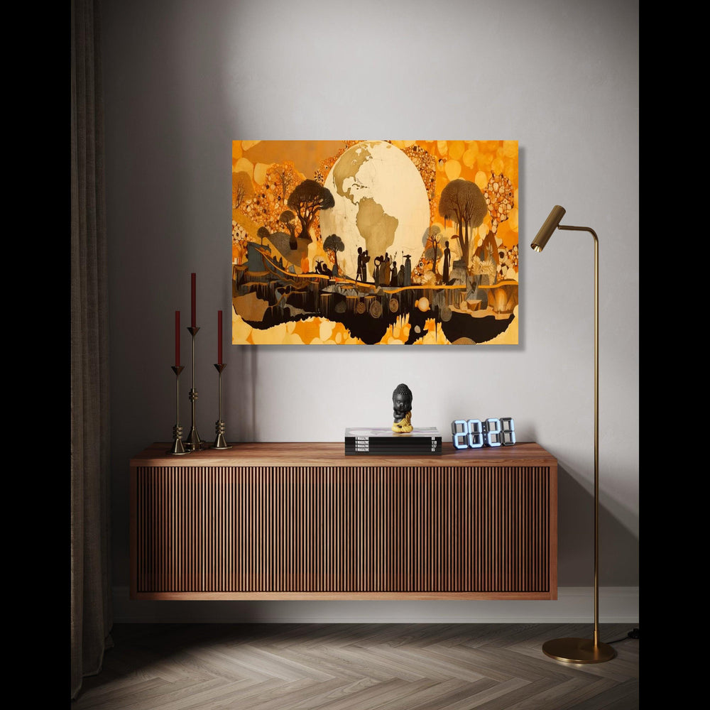 African Tribal Silhouettes Canvas, Earth Globe Wall Art, Ethnic Landscape Canvas, Cultural Heritage Decor, Warm Gift Art, Home Decor, Print