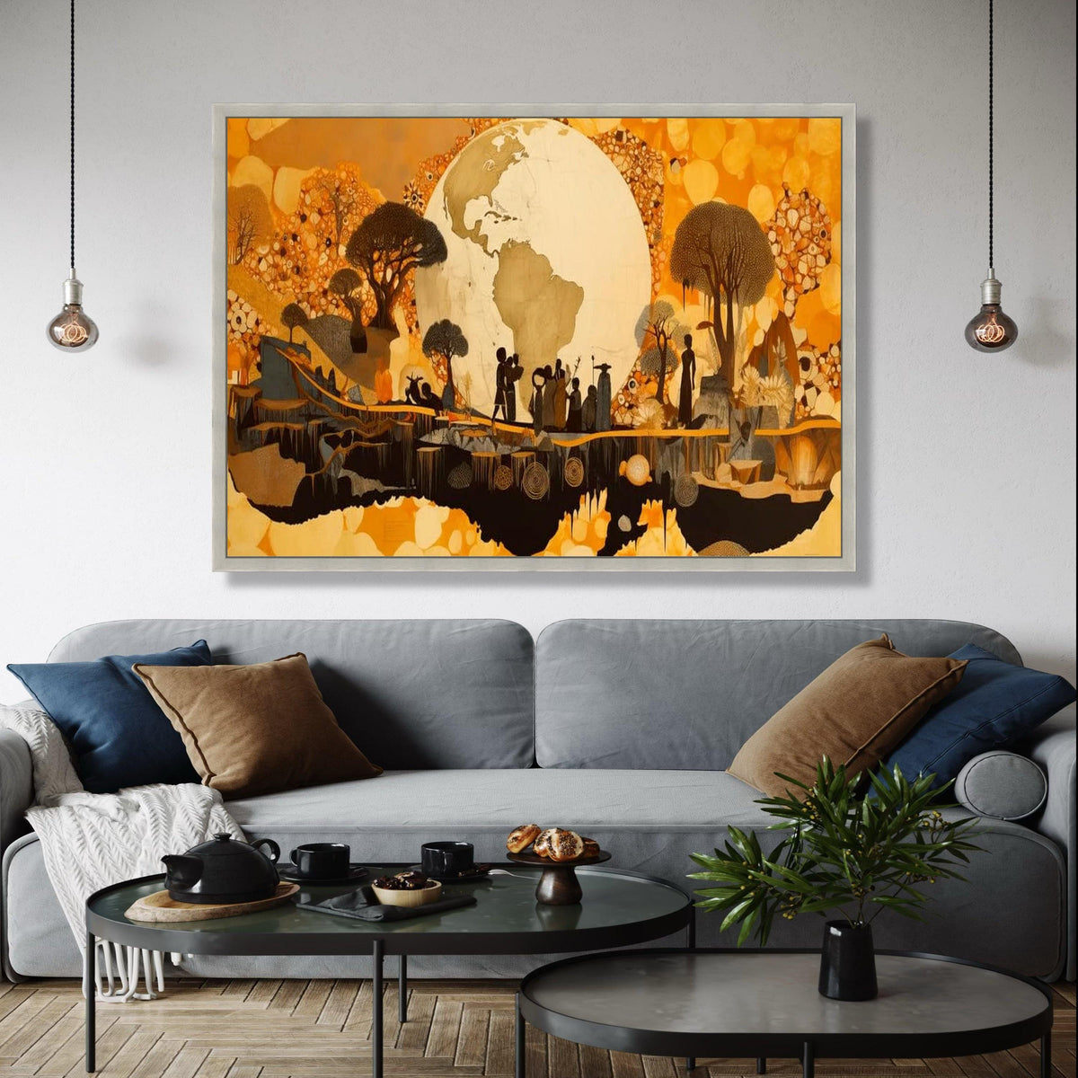 African Tribal Silhouettes Canvas, Earth Globe Wall Art, Ethnic Landscape Canvas, Cultural Heritage Decor, Warm Gift Art, Home Decor, Print