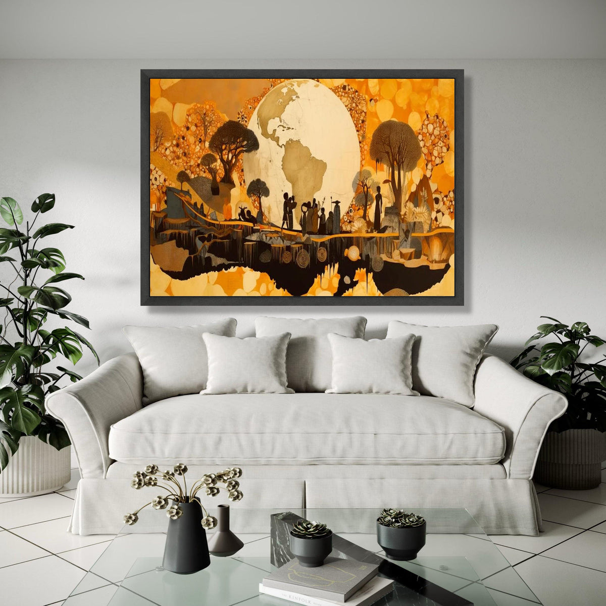 African Tribal Silhouettes Canvas, Earth Globe Wall Art, Ethnic Landscape Canvas, Cultural Heritage Decor, Warm Gift Art, Home Decor, Print